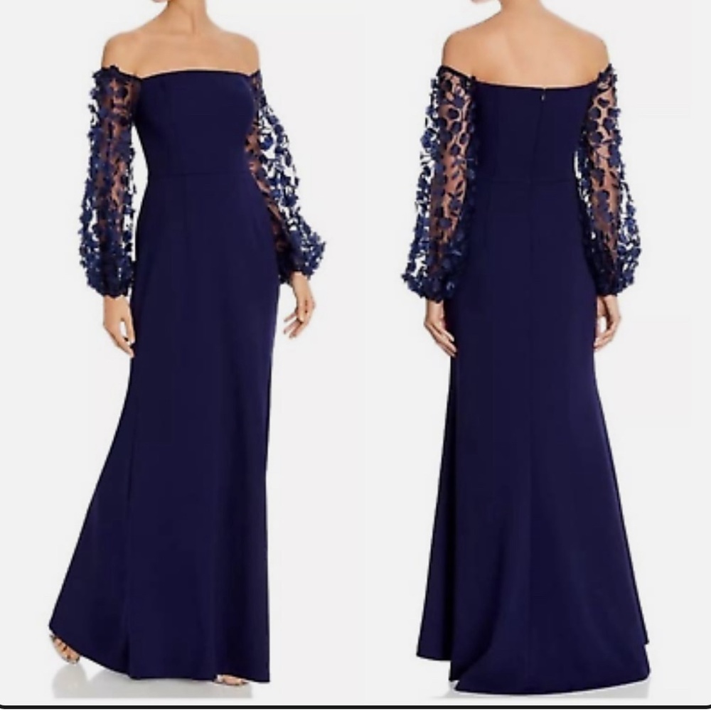 ELIZA J NWT, off the shoulder navy maxi gown with sheer sleeves. Women’s size 16